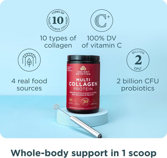 Ancient Nutrition Collagen Powder Protein with Probiotics, Unflavored Multi Collagen Protein with Vitamin C, 45 Servings, Hydrolyzed Collagen Peptides Supports Skin and Nails, Gut Health, 16oz