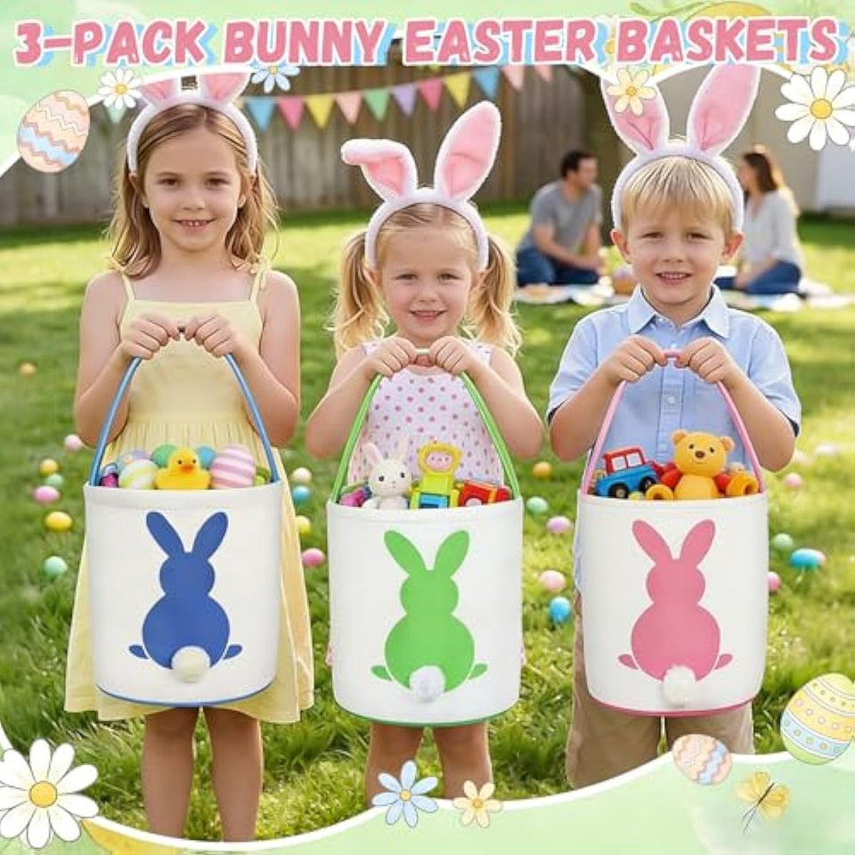 3 pcs canvas bunny print easter egg hunt gift basket with fluffy tails for kids party decoration