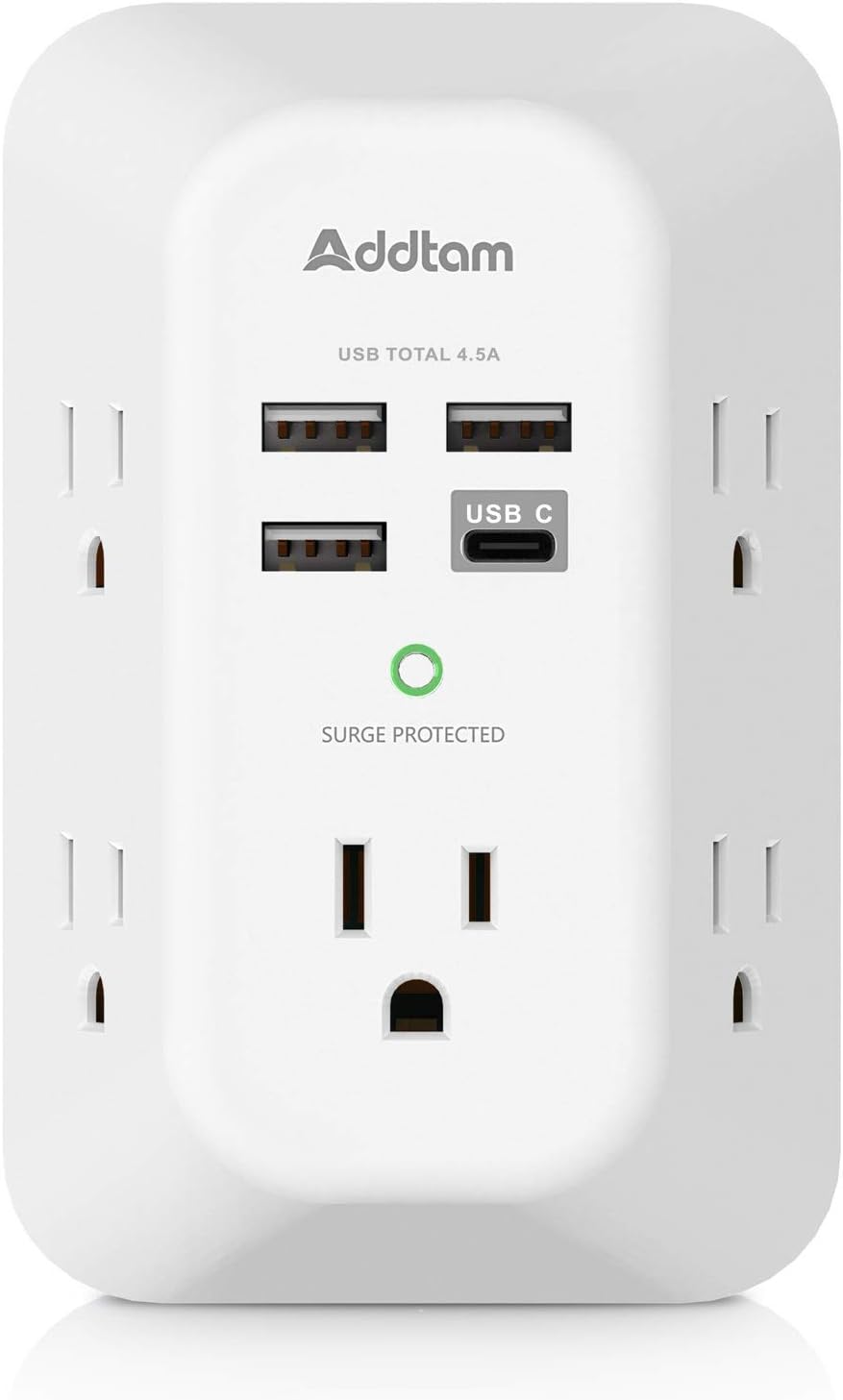 Addtam Surge Protector 5 Outlet Extender with 4 USB Ports & USB C