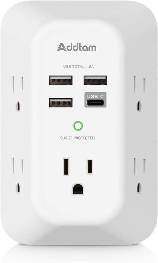 Addtam 5-Outlet USB Wall Charger Surge Protector with 4 USB Ports and 1 USB C Outlet 1800J Power Strip