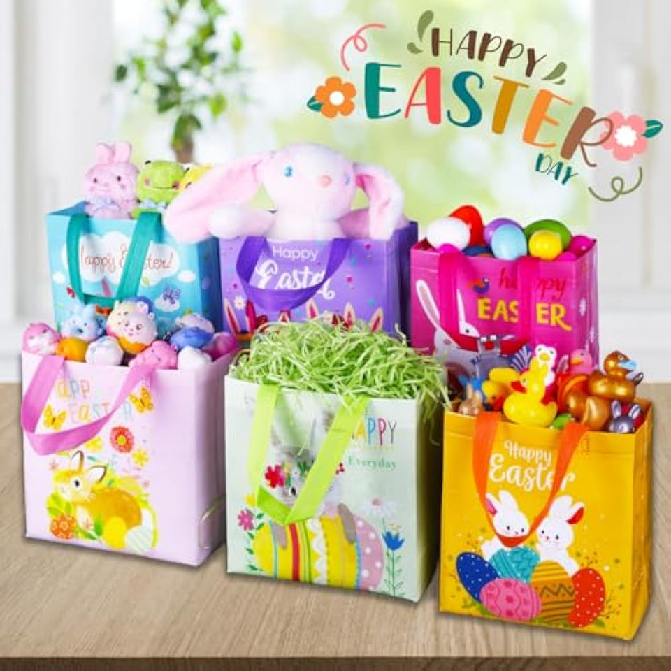 Exun Happy Easter Gift Bags with Handles, Bunny Carrot Chick Designs, Reusable Non-Woven Treat Bags for Party Favors, Gift Wrapping, Easter Basket Container, 9.1×8.7×4.5 inch, 6-Pack