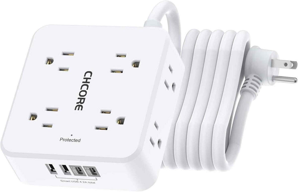 Surge Protector Power Strip - CHCORE 5Ft Braided Extension Cord with 8 Outlets with 4 USB (2 USB C) Charging Ports, Flat Plug Multi Plug Outlet Extender Charging Station for Home Office, ETL, White