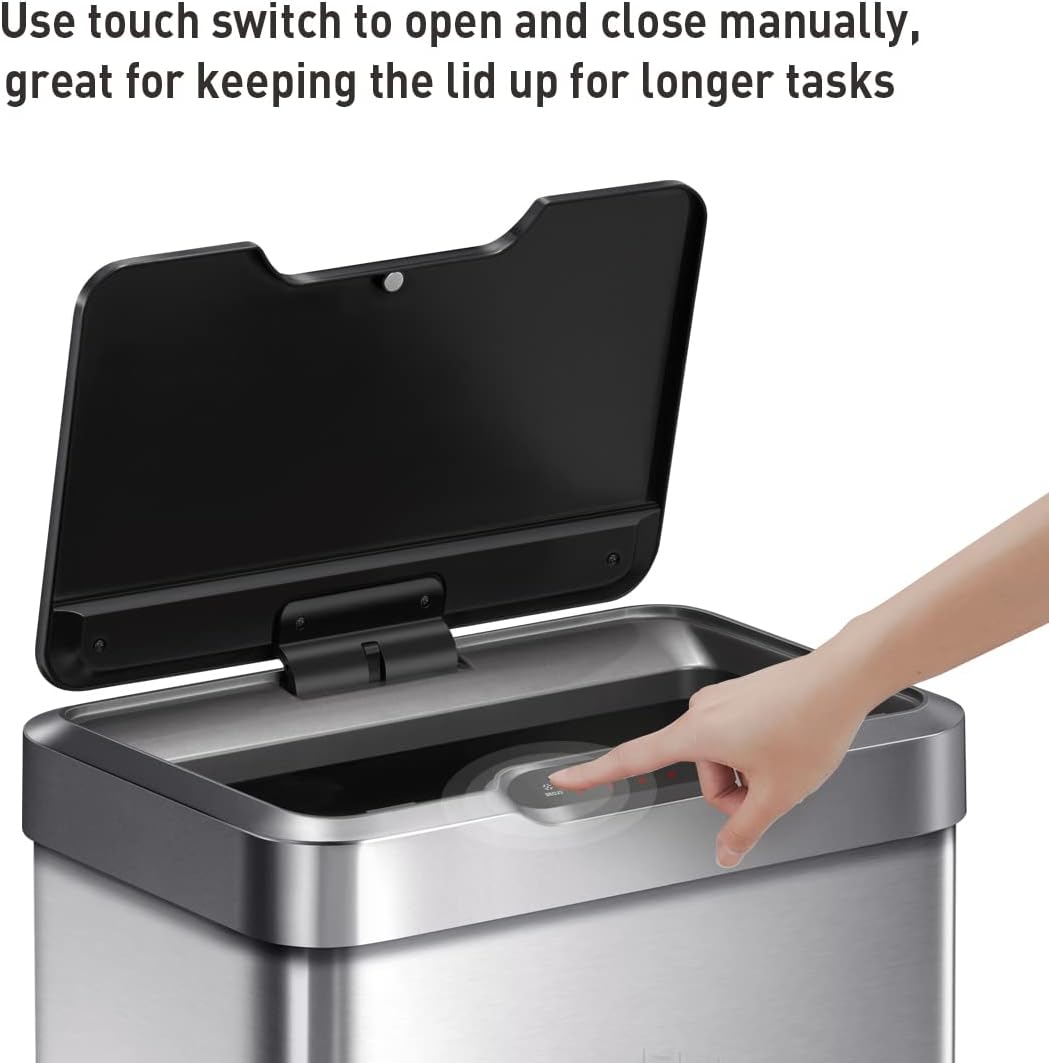 EKO Mirage-T 50 Liter / 13.2 Gallon Touchless Rectangular Motion Sensor Trash Can, Brushed Stainless Steel Finish