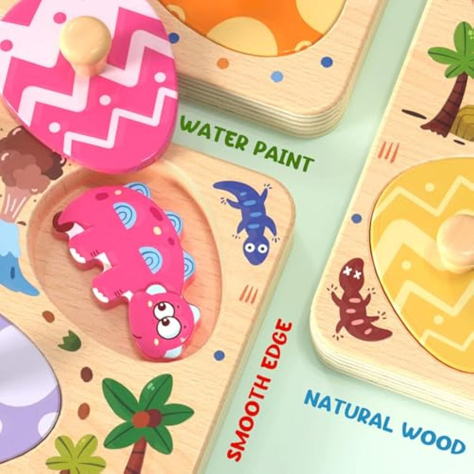 Montessori wooden puzzles for toddlers, 8pcs dinosaur egg matching, educational preschool learning toys