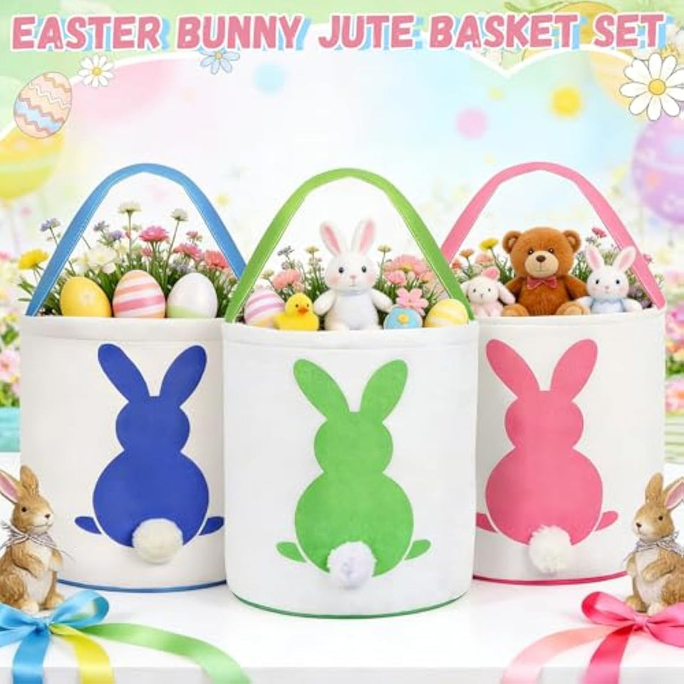 3 PCS Easter Eggs Hunt Basket for Kids Canvas Bunny Basket Egg Bags Rabbit Fluffy Tails Party Celebrate Decoration Gift Toys Carry Bucket Tote