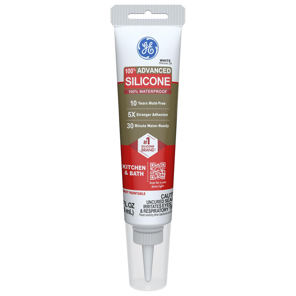 GE Advanced Silicone Caulk for Kitchen & Bathroom, White, 2.8 fl oz Tube, 1 Pack - 100% Waterproof Silicone Sealant, 5X Stronger Adhesion, Shrink & Crack Proof