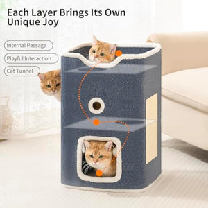 Cat House, 2-Story Cat Condo Cube with Scratch Pad, Fluffy Ball, and Multi-Level Hideout for Multiple Cats