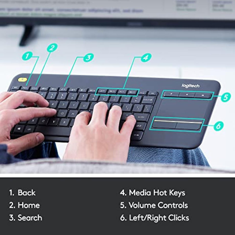 logitech k400 plus wireless touch tv keyboard with easy media control, htpc keyboard for pc-connected tv, android, windows