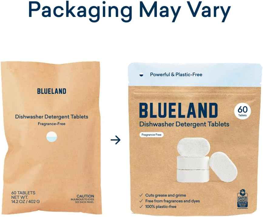 BLUELAND 100% Plastic-Free Dishwasher Detergent Tablets, 60 Count, Free & Clear, Eco-Friendly Dishwashing Pods, Natural, USDA Certified biobased