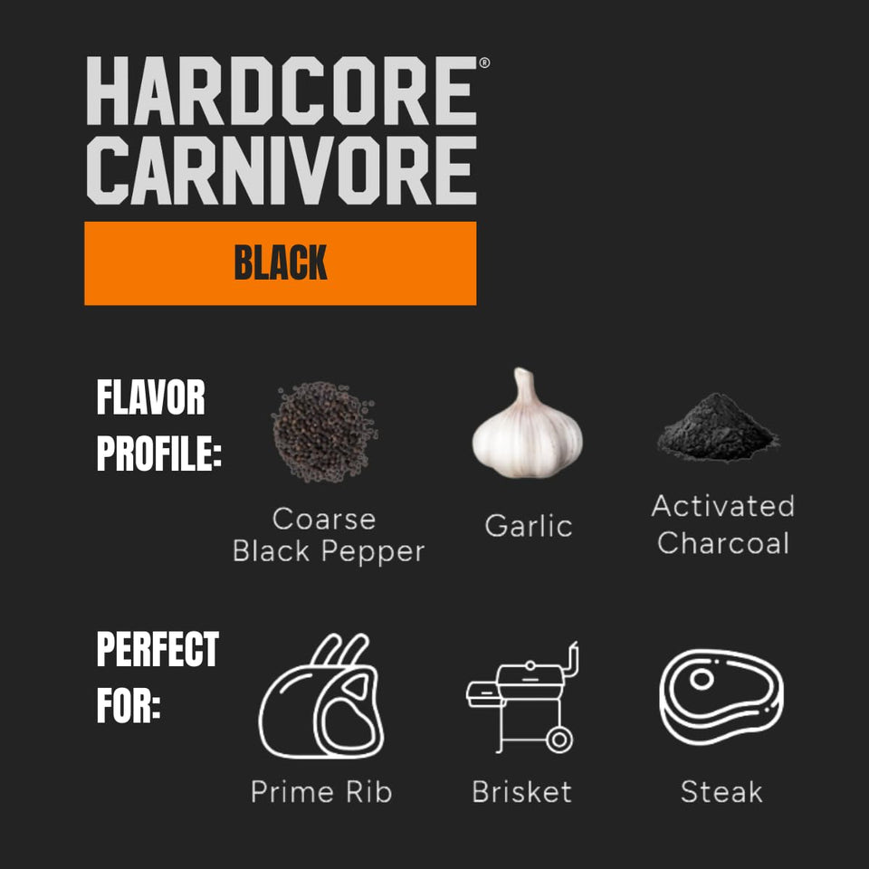 Hardcore Carnivore Black activated charcoal meat seasoning rub 13 oz Texas-made blend for steak brisket burgers BBQ grilling and smoking