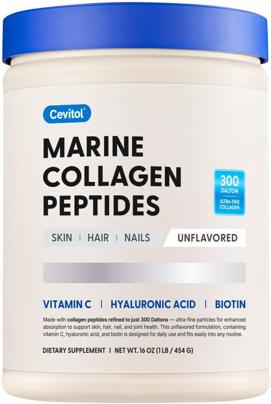 Marine Collagen Peptides - Hydrolyzed Ultra-fine Collagen Powder for Women & Men, Hyaluronic Acid, Biotin, Vitamin C, for Skin, Hair, Nails, Joints, Non-GMO, Unflavored, Easily Dissolved, 16oz