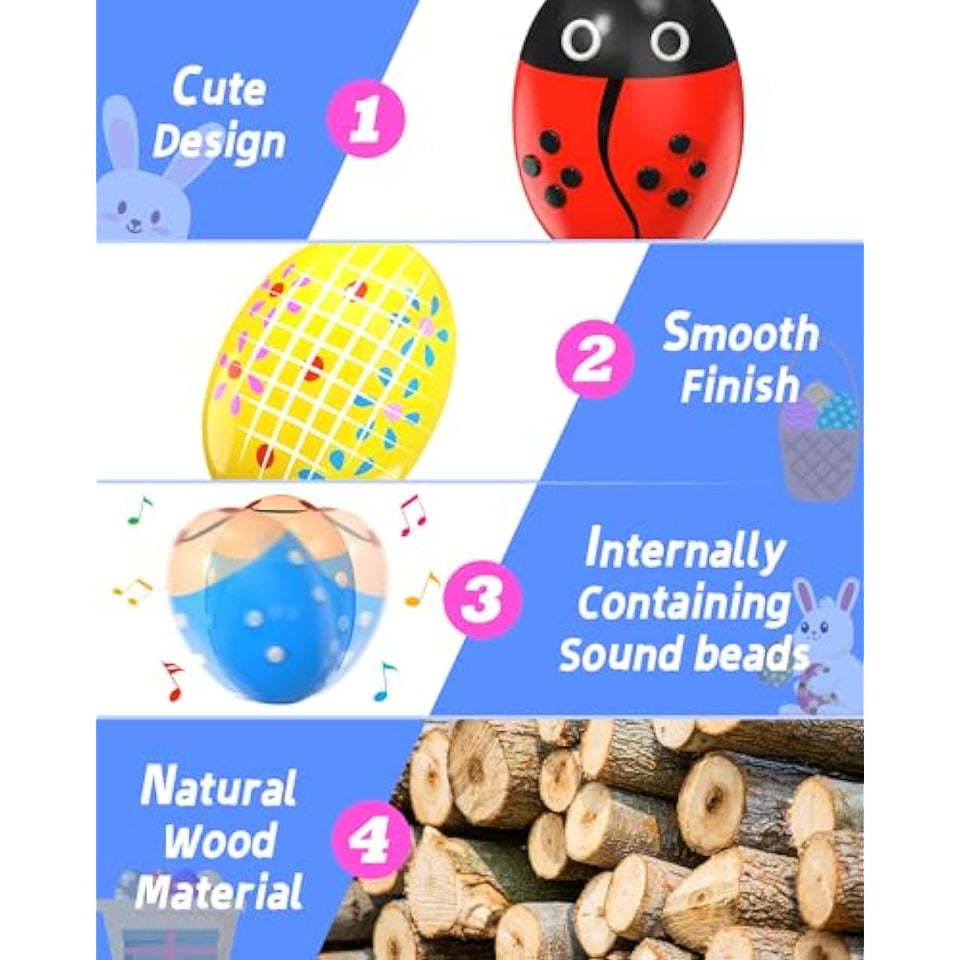 6 Pack Wooden Percussion Musical Shaker Prefilled Easter Eggs with Toys Inside Filled, Toddlers Easter Basket Stuffers Egg Fillers Montessori Toys Gifts for Kids Boys Girls Babies