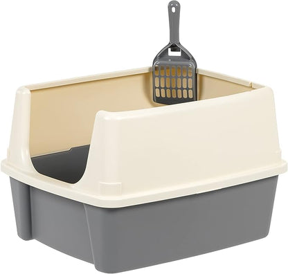 Basics Large Cat Litter Box with High Sides, Open Top, Includes Scoop, 19 x 15 x 11.75 inches, Grey/Beige