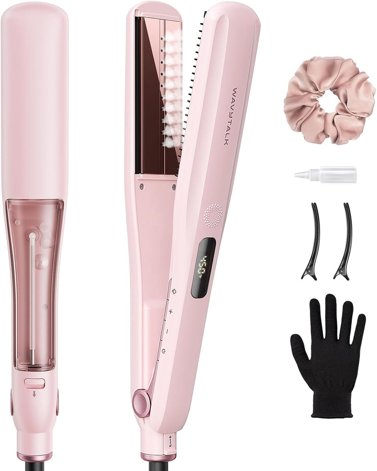Wavytalk Steam Hair Straightener, Steam Sesh, Steam Reduces Damage, Nourishes Hair & Expedites Straightening, 1.38'' Nano Titanium Flat Iron with Detachable Comb for Silk Press Smoothing, Sakura Pink