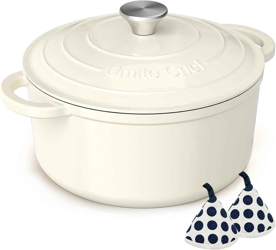 Enameled Cast Iron Dutch Oven - Umite Chef 5QT Pot with Lid & Cotton Potholders - Heavy-Duty Cookware for Bread Baking, Braising, Stews, Roasting(Cream White)