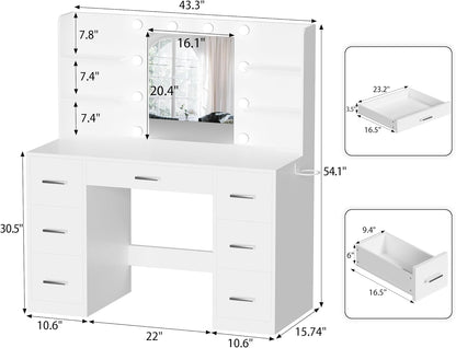YESHOMY Vanity Desk with Mirror, Power Outlet and 10 Lights, Makeup Table with 7 Drawers, 3 Color Modes Available for Bedroom, White