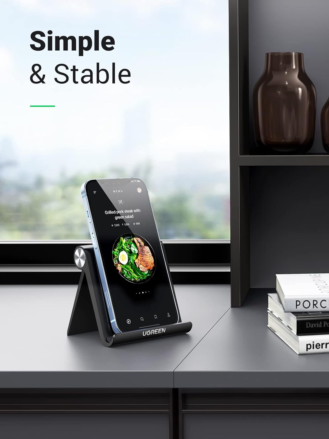 UGREEN Cell Phone Stand Holder for Desk Adjustable Compatible with iPhone 13 12 Pro Max 11 SE XS XR 8 Plus 6 7 Galaxy Note20 S20 S10 S9 S8 Foldable Black