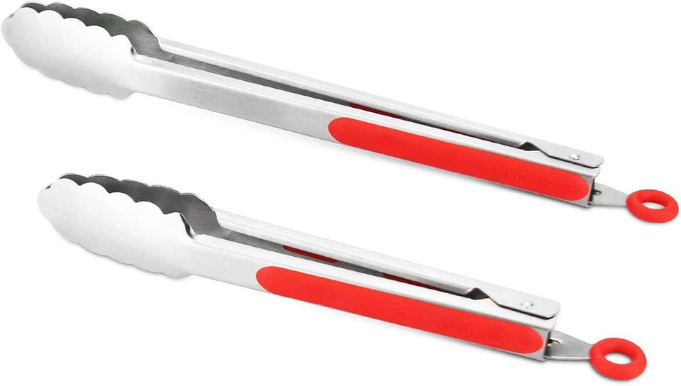 304 Stainless Steel Kitchen Cooking Tongs, 9" and 12" Set of 2 Sturdy Grilling Barbeque Brushed Locking Food Tongs with Ergonomic Grip, Black