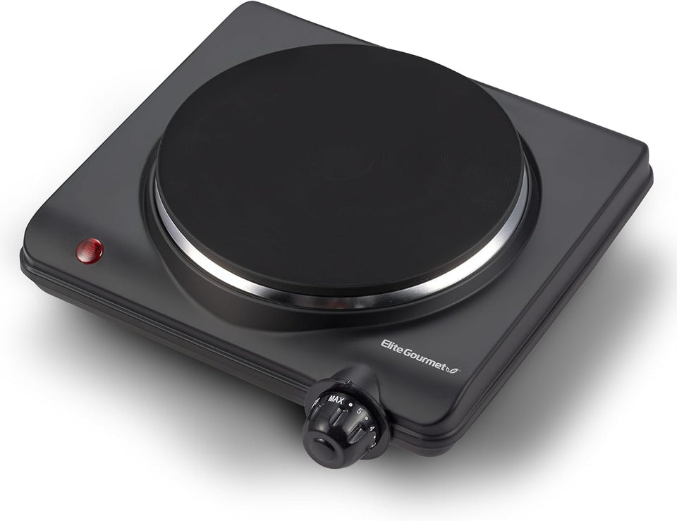 Elite Gourmet Countertop Electric Burner, 1000W Cast Iron Hot Plate, 7 Heat Settings, Portable Cooktop for RV, Dorm, Office & Small Kitchens, Road-Ready & Compact