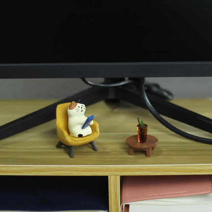 Cute cat figurine playing phone on sofa with coffee, cat lovers gift for home decor