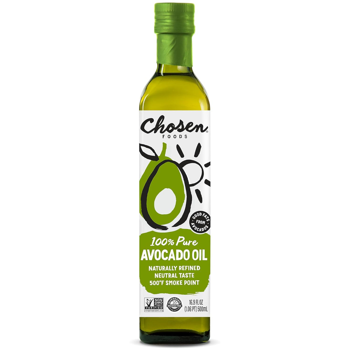 Chosen Foods 100% Pure Avocado Oil, 16.9 Fl Oz, All Purpose Cooking Oil, Non-GMO, Gluten-Free, Keto Friendly, Glyphosate Free