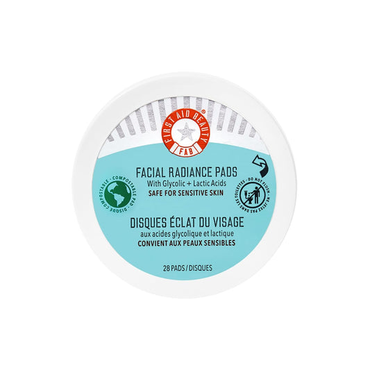 First Aid Beauty facial radiance pads with glycolic lactic acids daily exfoliating pads for sensitive skin compostable one-step makeup prep 28 count