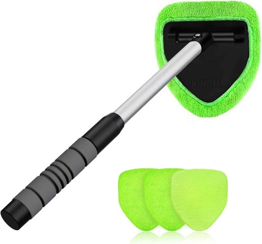 XINDELL Windshield Cleaner Tool – Car Interior Window Cleaning Kit with Extendable Handle & 4 Microfiber Pads, Auto Wiper Inside Windshield Brush for Car & Home Windows