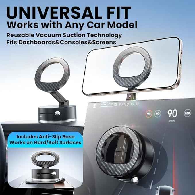 BISART Vacuum Magnetic Car Phone Holder – 360° Rotatable, Reinforced 96LBS Suction Cup Mount Compatible with MagSafe for iPhone & Android, Portable for Car, Gym & Mirror (A7-Black)