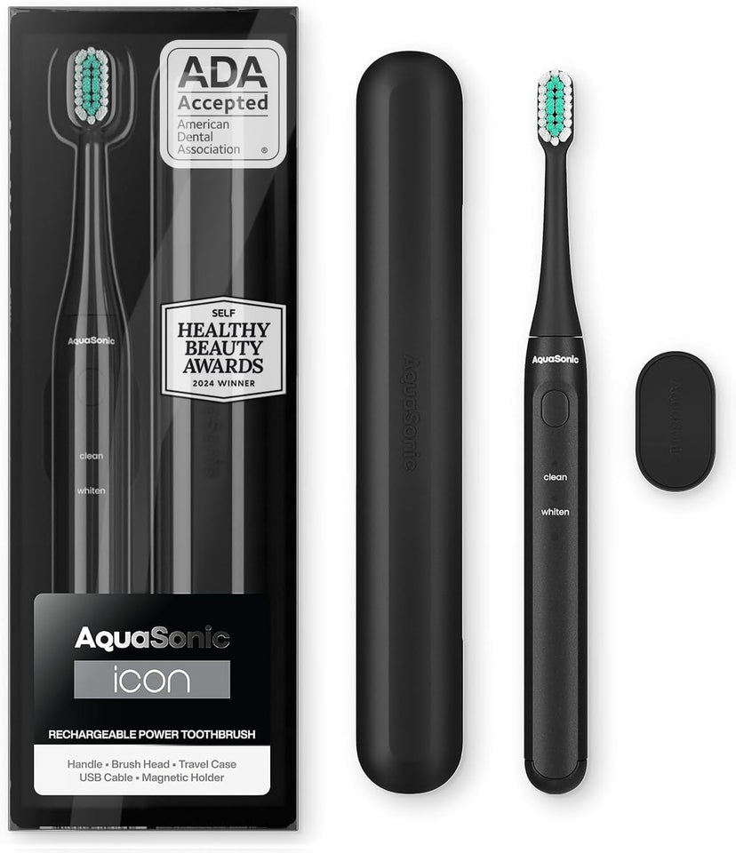 Aquasonic Icon ADA-Accepted Rechargeable Toothbrush with Magnetic Holder & Slim Travel Case | 2 Modes & Smart Timers | Gentle Micro-Vibrations