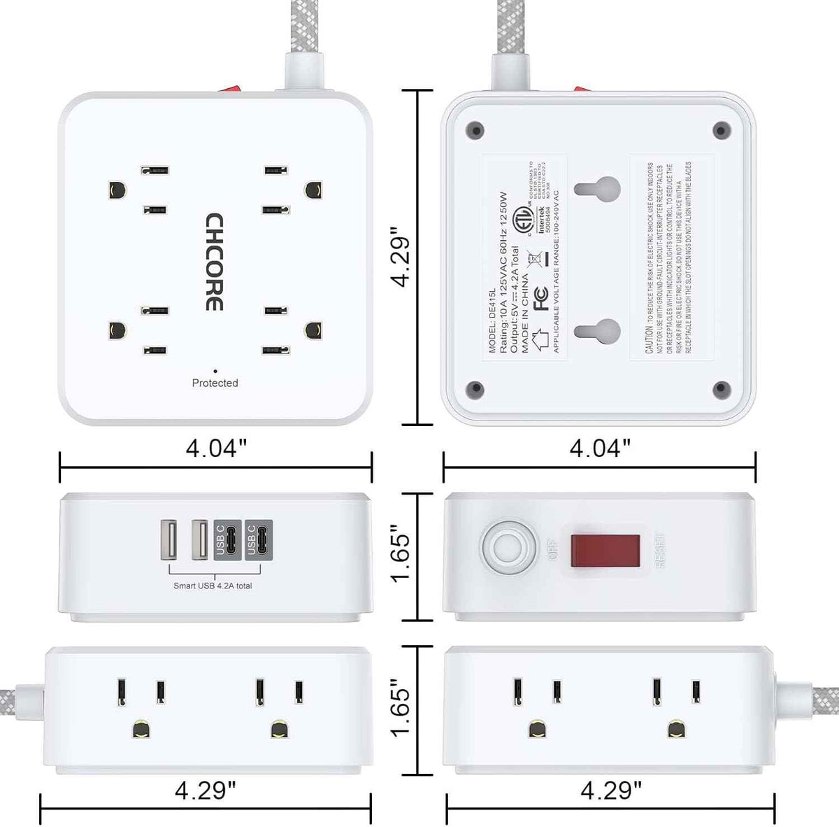 Surge Protector Power Strip - CHCORE 5Ft Braided Extension Cord with 8 Outlets with 4 USB (2 USB C) Charging Ports, Flat Plug Multi Plug Outlet Extender Charging Station for Home Office, ETL, White
