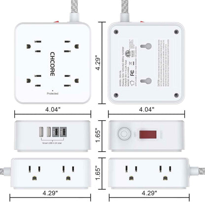Surge Protector Power Strip - CHCORE 5Ft Braided Extension Cord with 8 Outlets with 4 USB (2 USB C) Charging Ports, Flat Plug Multi Plug Outlet Extender Charging Station for Home Office, ETL, White