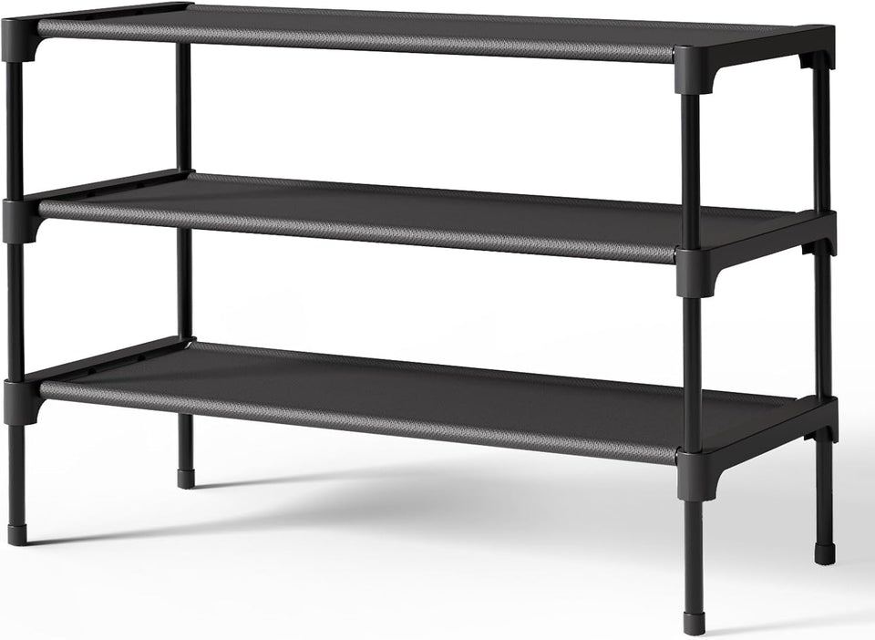 Kitsure Shoe Rack - Non-Woven Shoe Rack Shelf, Shoe Organizer for Closet, Entryway, Garage & Corridor, Stackable Shoe Shelves, 27.5" Wide - 3 Tier, Black