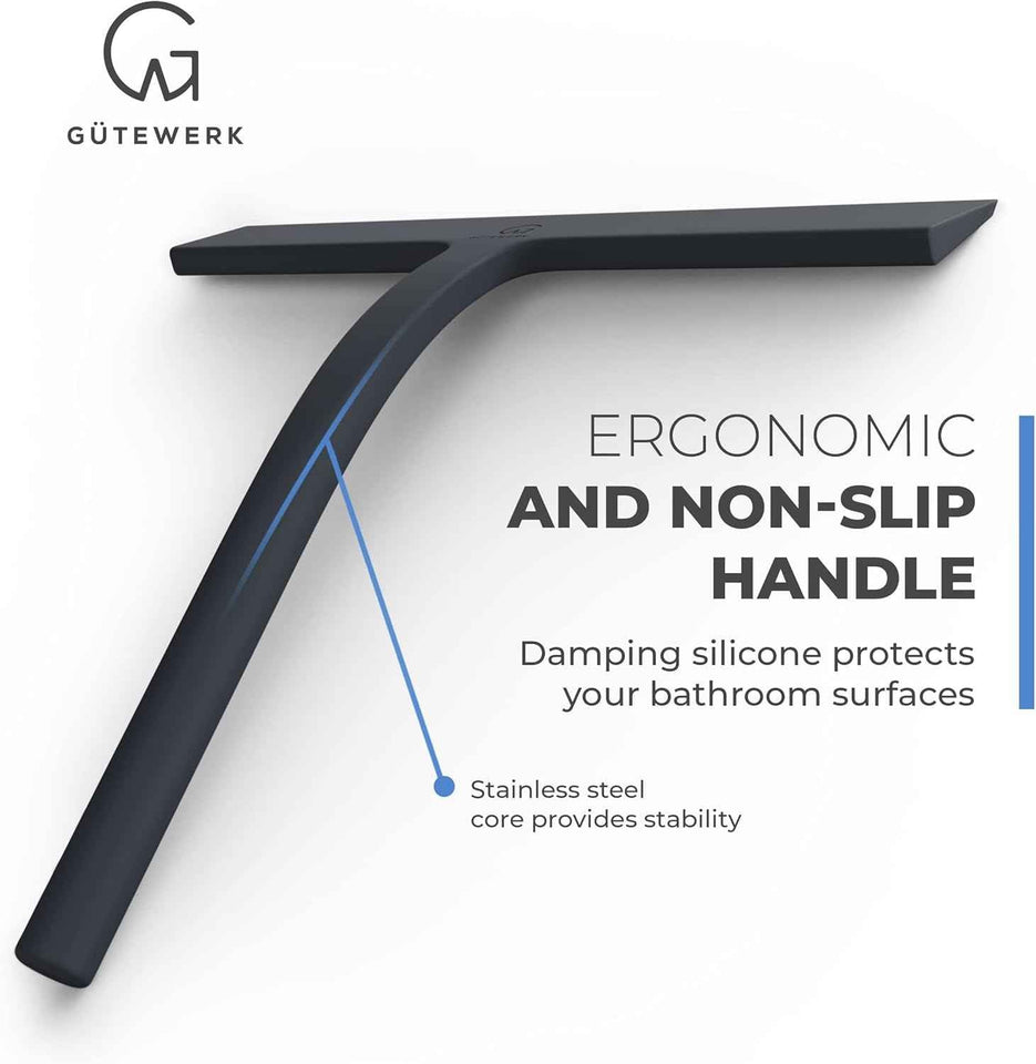 GÜTEWERK Shower Squeegee for Glass Doors, Silicone Window Squeegee, Bathroom and Glass Cleaning - Black - 9 Inch