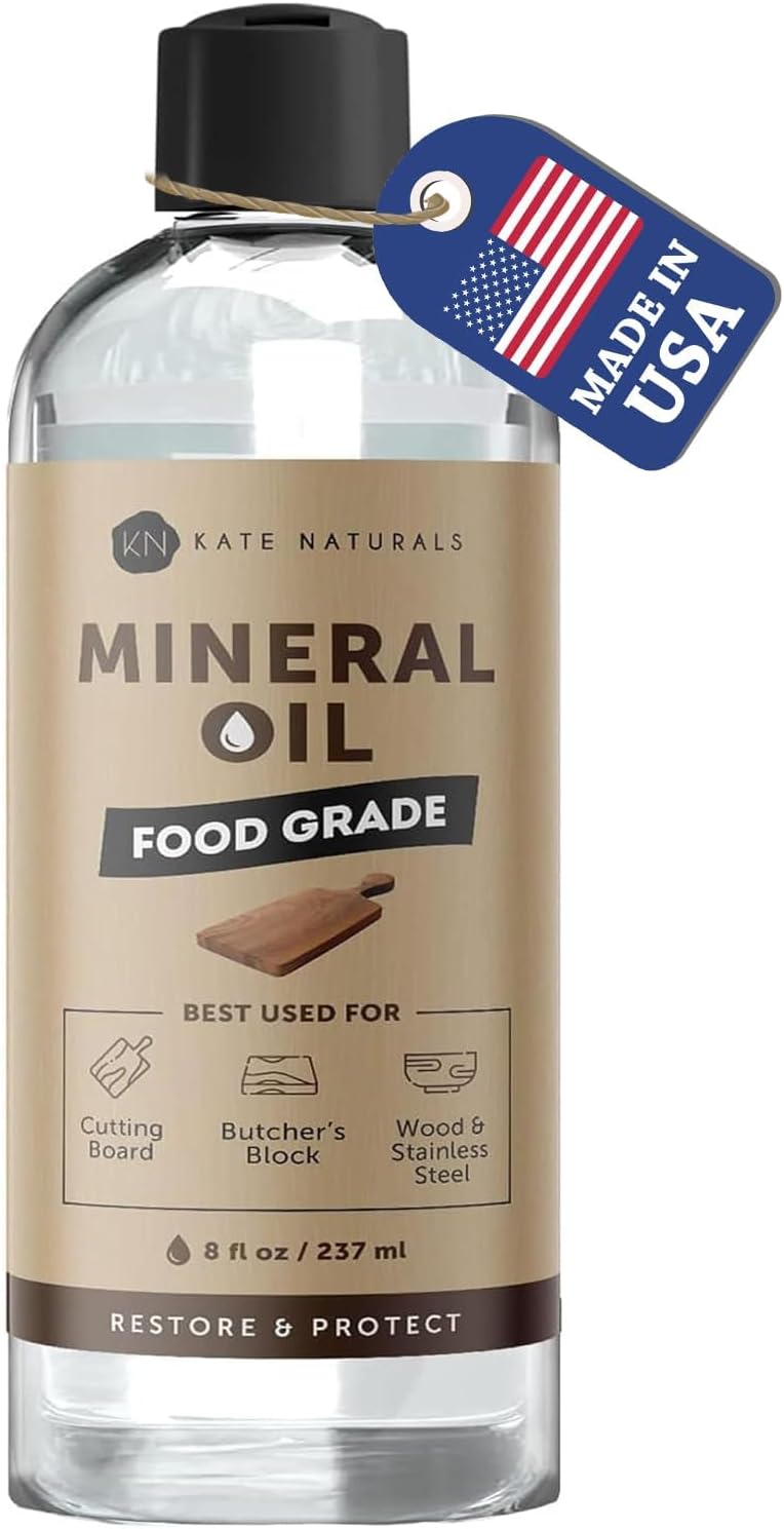 Kate Naturals Mineral Oil for Wood Cutting Board, Butcher Block, and Knife. Food Grade Mineral Oil for Wooden Cutting Board & Utensils (8oz, Food Safe)