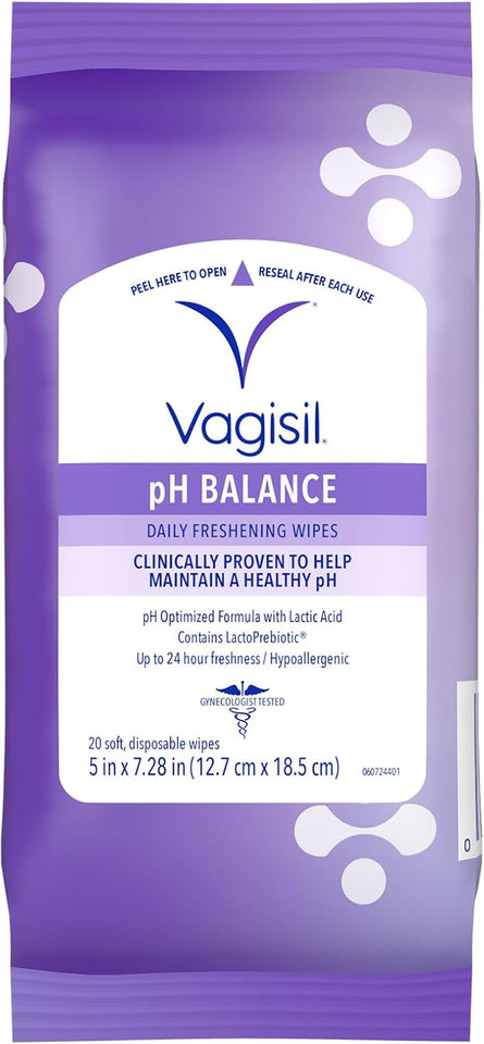 Vagisil pH Balance Daily Freshening Wipes, Hypoallergenic, Gynecologist Tested, Resealable Pouch, 20 Wipes