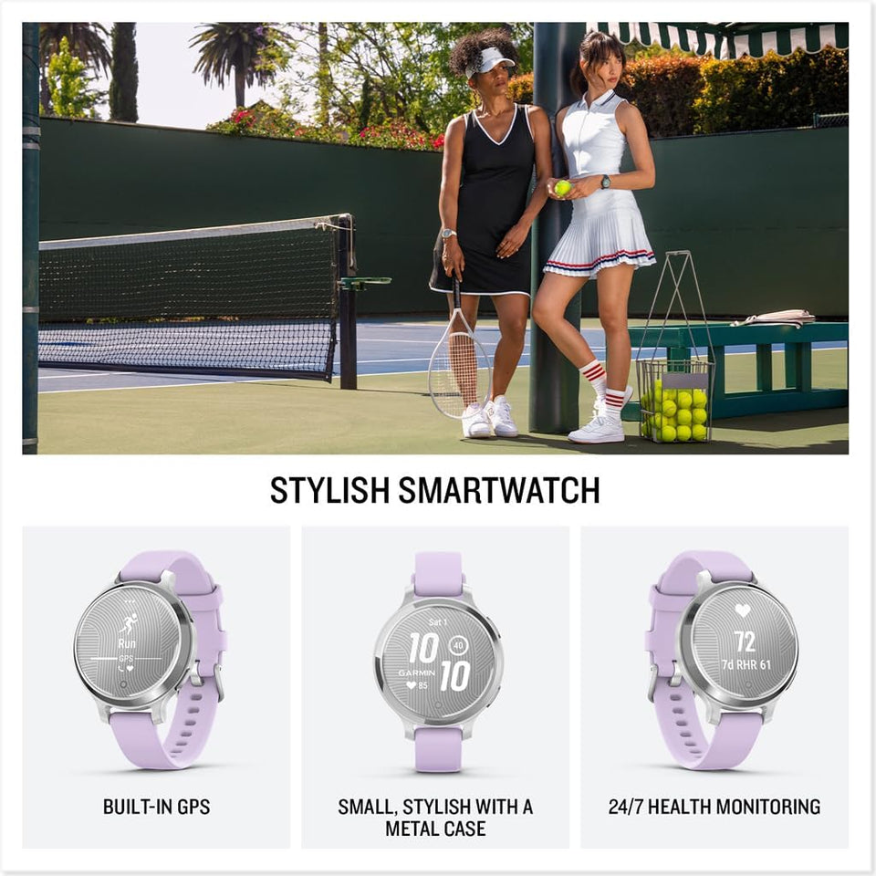 Garmin Lily® 2 Active, Small and Stylish Smartwatch, Built-in GPS, Hidden Display, Patterned Lens, Up to 9 Days Battery Life, Silver with Purple Jasmine Silicone Band