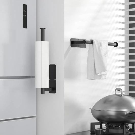 ASTOFLI Paper Towel Holder Under Cabinet No Drilling, Self Adhesive Paper Towel Holder Wall Mount for Kitchen Rack, Under Counter Napin Holder No Drill, 304 Stainless Steel Matte Black