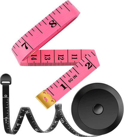 iBayam 2 Pack Tape Measure Measuring Tape for Body Fabric Sewing Tailor Cloth Knitting Vinyl Home Craft Measurements, 60-Inch Soft Fashion Pink & Retractable Black Double Scales Rulers for Body Weight