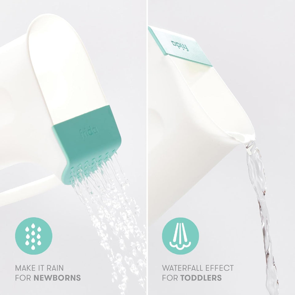 Frida Baby Control The Flow Bath Rinse Cup, Tear Free Rinser to Wash Hair and Body with Easy Grip Handle and Removable Rain Shower, Made in USA