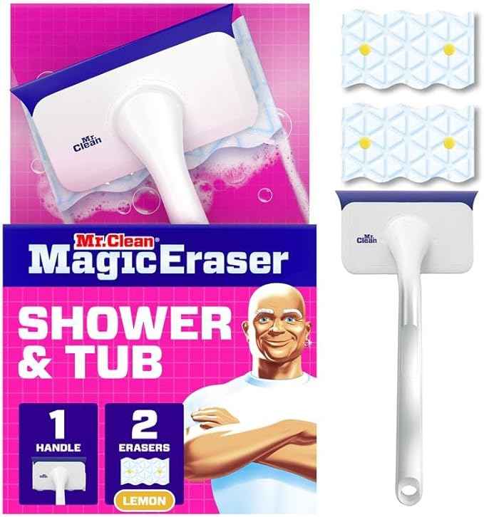 Mr. Clean Magic Eraser Shower & Tub Scrubber, Bathroom Cleaner, All in One Bathroom Cleaner, Lemon Starter Kit, 1 Scrubber & 2 Foaming Magic Erasers