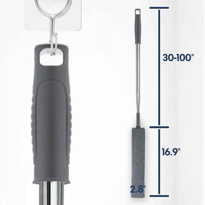 Retractable gap dust cleaner with extension pole and 3 microfiber cloths for under refrigerator, furniture, and appliance cleaning