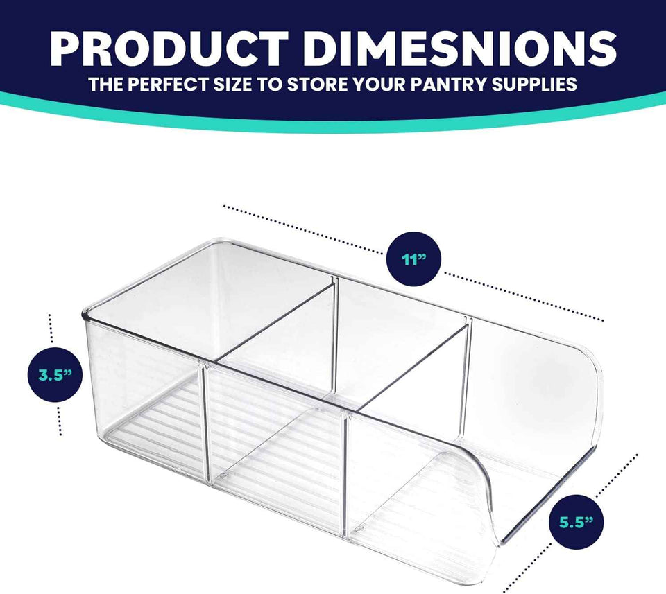 ELTOW 4-Pack Snack Organizer, 3-Compartment Plastic Bins with Removable Dividers, Chip & Food Storage for Pantry, Spices, Fridge, and Cabinet