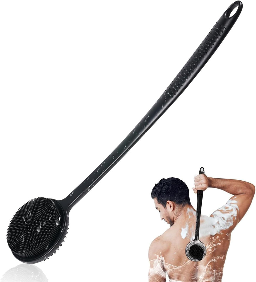 vwmYq silicone shower brush with double-sided head, 17in long handle, extra-soft bristles for exfoliating and massage