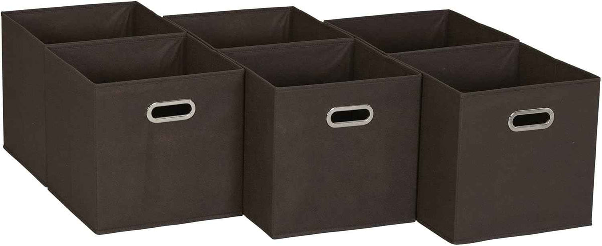 Household Essentials Foldable Fabric Storage Bins 6 Piece Set, Strong Poly-Woven Fabric, Sturdy Chipboard Sides, Grommet Front Handle, Stackable and Foldable, Classic Design, Black