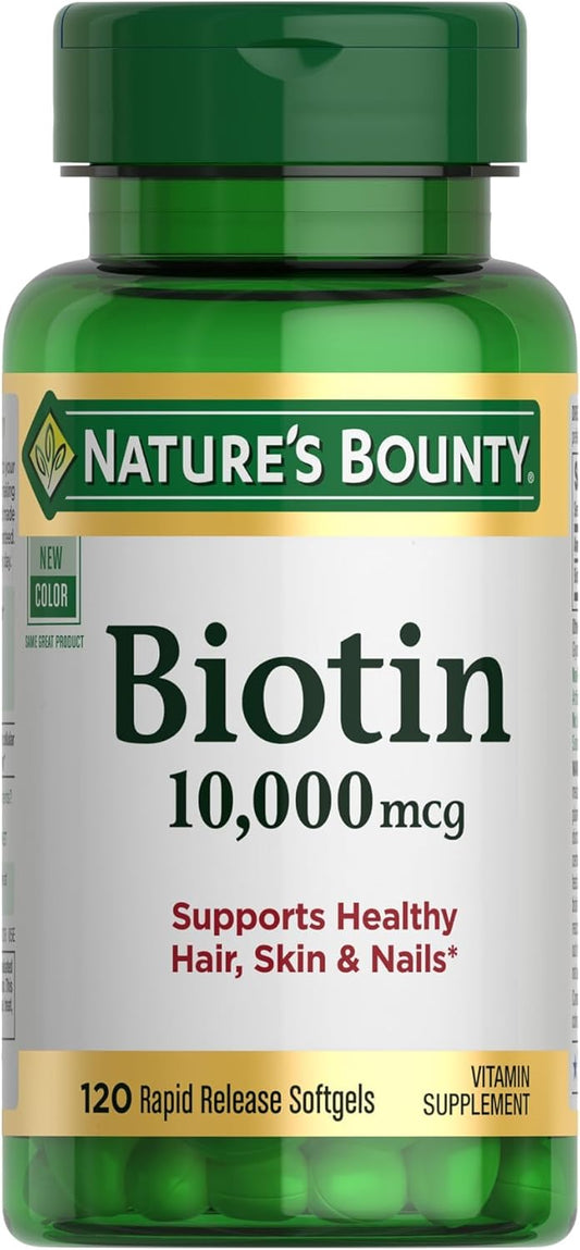 Nature's Bounty Biotin Hair Skin and Nails Vitamins, Supports Healthy Hair, Skin and Nails, 10,000 mcg, 120 Softgels (Pack of 1)