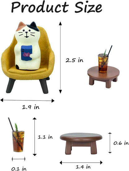 Cute cat figurine playing phone on sofa with coffee, cat lovers gift for home decor