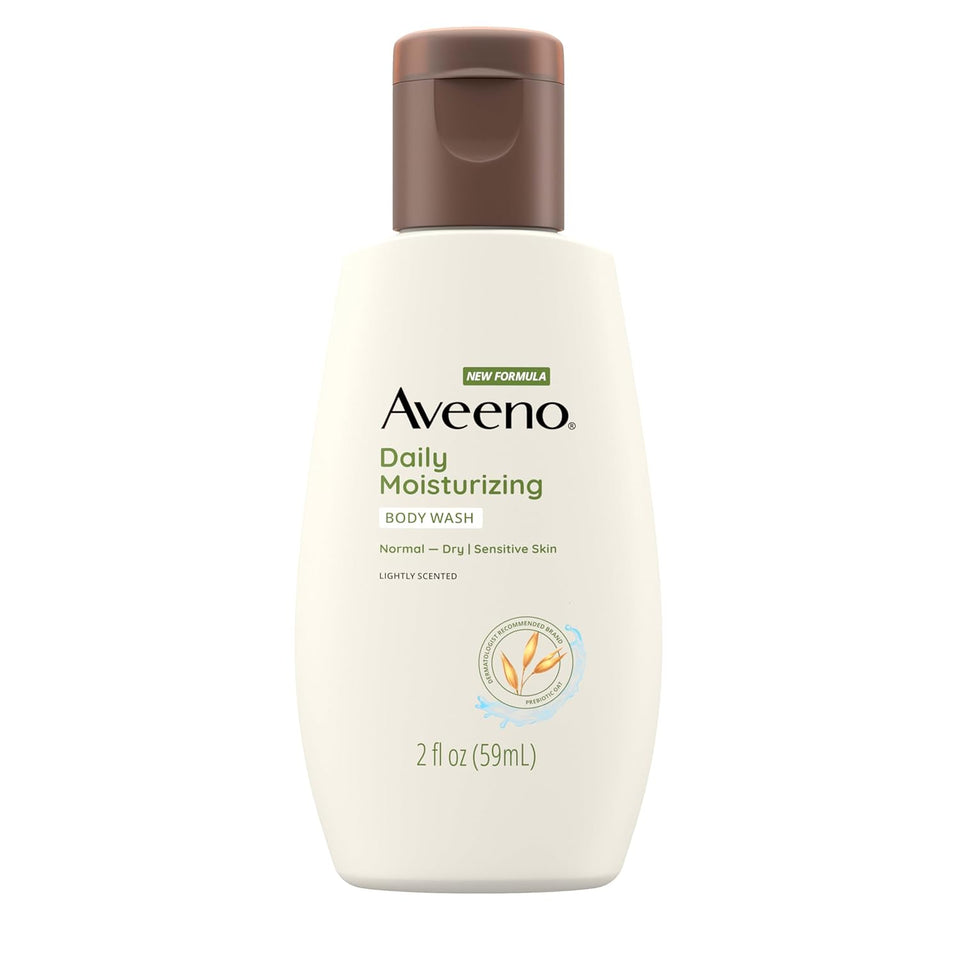 aveeno daily moisturizing body wash for sensitive skin + prebiotic oat, gentle on dry skin, 2 fl. oz travel size
