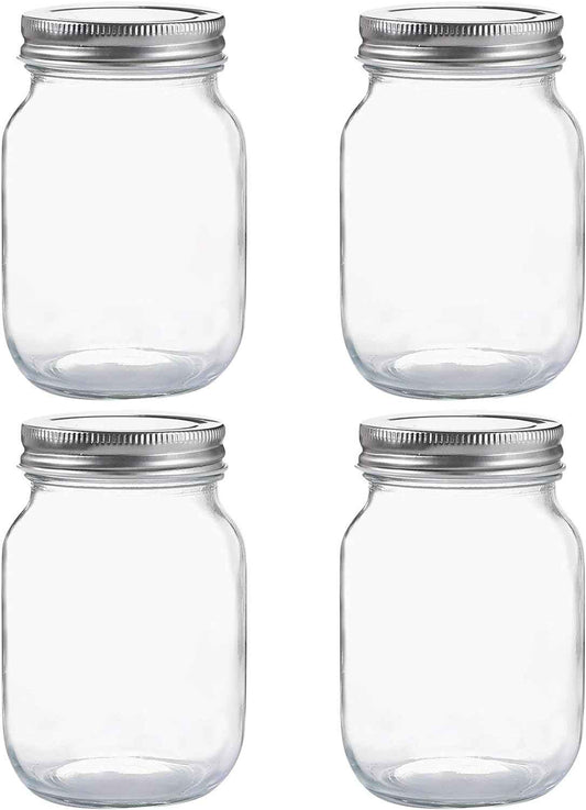 YINGERHUAN Glass Regular Mouth Mason Jars, 16 oz Clear Glass Jars with Silver Metal Lids for Sealing, Canning Jars for Food Storage, Overnight Oats, Dry Food, Snacks, Candies, DIY Projects (4PACK)