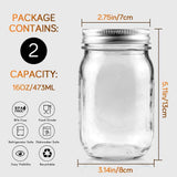 Showvigor 2 Pack Regular Mouth Mason Jars 16oz Glass Canning Jars with Airtight Lids for Preserving, Jam, Honey, Jelly, Wedding Favors, Sauces, Meal Prep, Overnight Oats, Salad