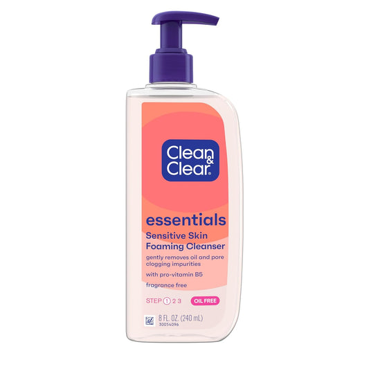 Clean & Clear Essentials Oil-Free Foaming Facial Cleanser, Daily Foaming Face Wash with Pro-Vitamin B5 for Sensitive Skin, Gently Removes Oil & Pore-Clogging Impurities, Fragrance-Free, 8 fl oz